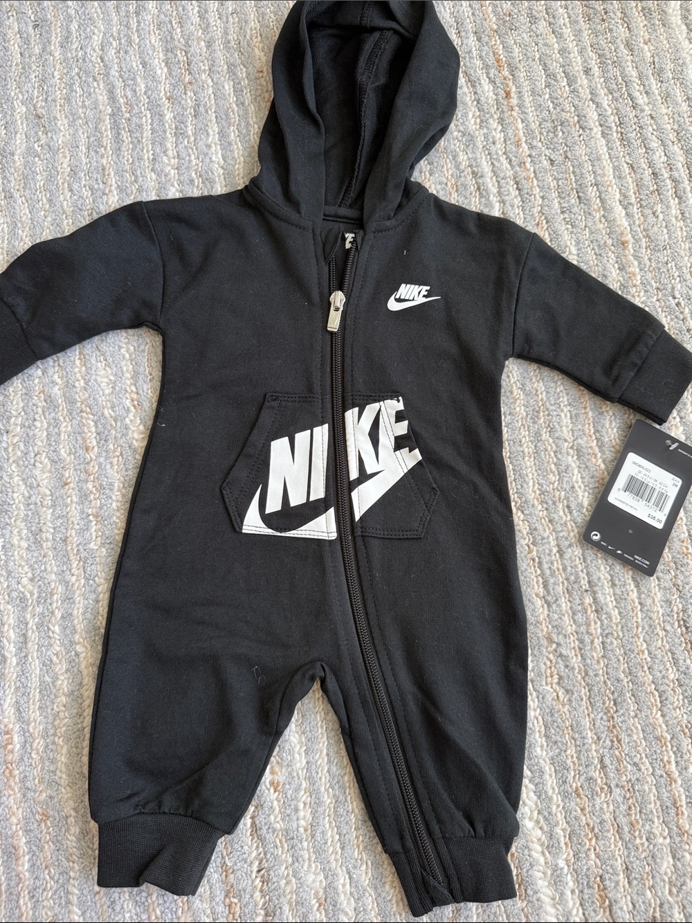 Nike Black Hooded Baby One-Piece with White Logo